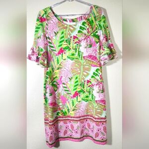 💕💚❤️ Pappagallo Oasis Flutter Sleeve Shift Tropical Dress Women L